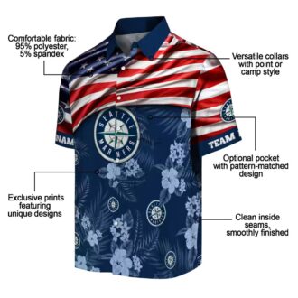 Seattle Mariners US Flag Hibiscus Hawaiian Shirt - Personalized Navy Blue Shirt for MLB Fans