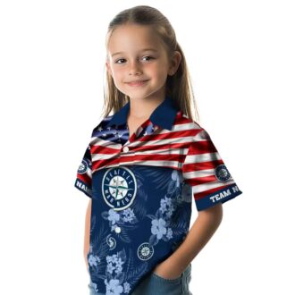 Seattle Mariners US Flag Hibiscus Hawaiian Shirt - Personalized Navy Blue Shirt for MLB Fans