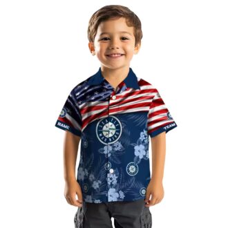 Seattle Mariners US Flag Hibiscus Hawaiian Shirt - Personalized Navy Blue Shirt for MLB Fans