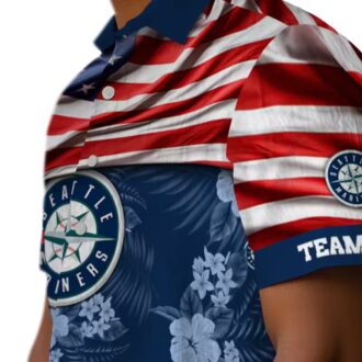 Seattle Mariners US Flag Hibiscus Hawaiian Shirt - Personalized Navy Blue Shirt for MLB Fans