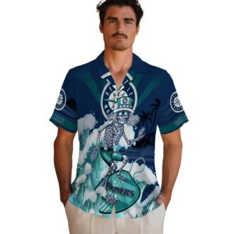 Stylish MLB Seattle Mariners Surfing Skeleton Navy Blue Hawaiian Shirt for Men & Women