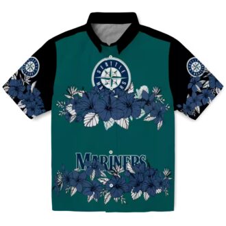 Summer Hibiscus Stripe Seattle Mariners Hawaiian Shirt - Navy Blue Black MLB Team Shirt