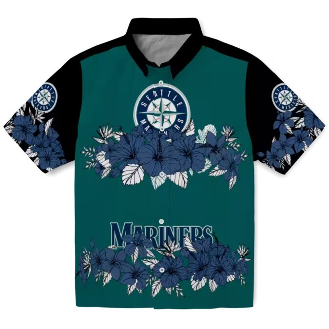 Summer Hibiscus Stripe Seattle Mariners Hawaiian Shirt - Navy Blue Black MLB Team Shirt
