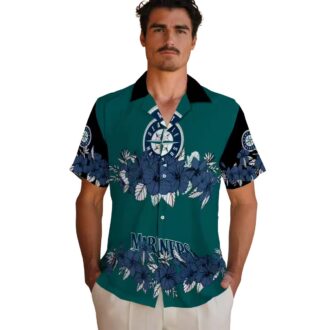 Summer Hibiscus Stripe Seattle Mariners Hawaiian Shirt - Navy Blue Black MLB Team Shirt