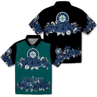Summer Hibiscus Stripe Seattle Mariners Hawaiian Shirt - Navy Blue Black MLB Team Shirt