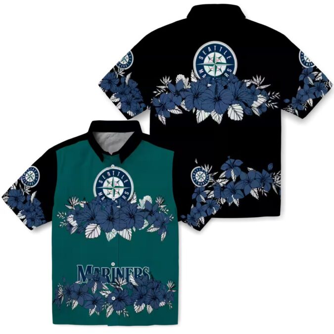 Summer Hibiscus Stripe Seattle Mariners Hawaiian Shirt - Navy Blue Black MLB Team Shirt
