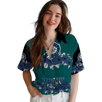 Summer Hibiscus Stripe Seattle Mariners Hawaiian Shirt - Navy Blue Black MLB Team Shirt