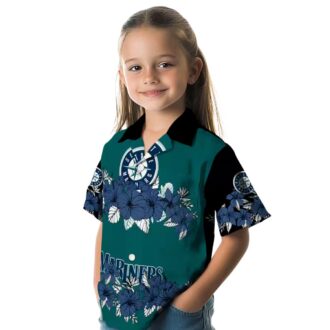 Summer Hibiscus Stripe Seattle Mariners Hawaiian Shirt - Navy Blue Black MLB Team Shirt