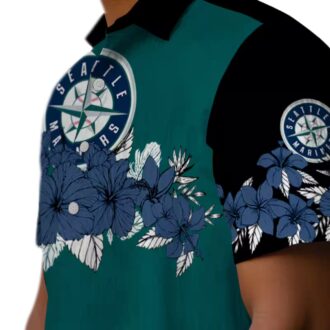 Summer Hibiscus Stripe Seattle Mariners Hawaiian Shirt - Navy Blue Black MLB Team Shirt