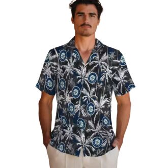 Tropical Palm Pattern Seattle Mariners Hawaiian Shirt - Navy Blue & Black MLB Apparel
