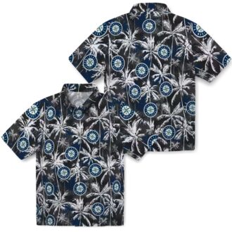 Tropical Palm Pattern Seattle Mariners Hawaiian Shirt - Navy Blue & Black MLB Apparel