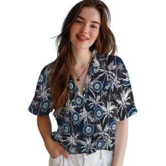 Tropical Palm Pattern Seattle Mariners Hawaiian Shirt - Navy Blue & Black MLB Apparel