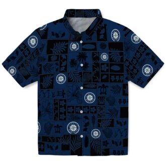 Tropical Patchwork MLB Seattle Mariners Hawaiian Shirt - Navy Blue & Black Beach Shirt