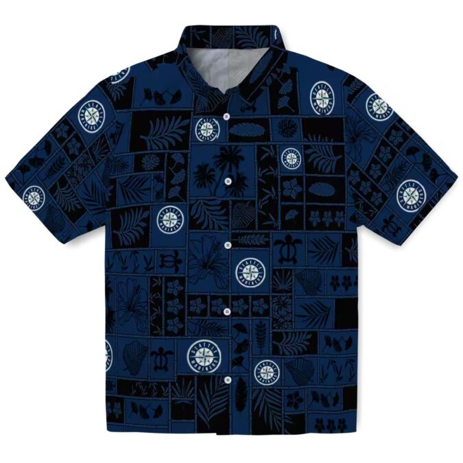 Tropical Patchwork MLB Seattle Mariners Hawaiian Shirt - Navy Blue & Black Beach Shirt
