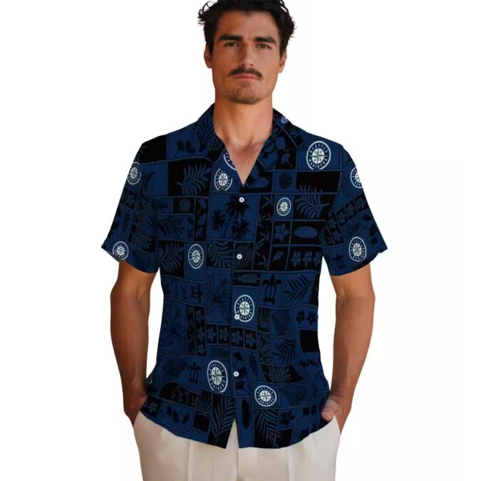 Tropical Patchwork MLB Seattle Mariners Hawaiian Shirt - Navy Blue & Black Beach Shirt