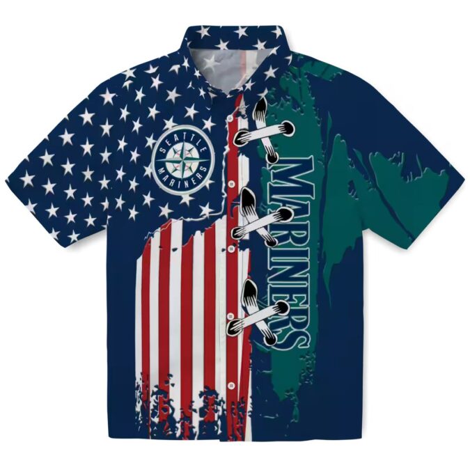 Tropical Seattle Mariners Short Sleeve Shirt - Navy Blue Stitched Flag MLB Hawaiian Shirt for Fans