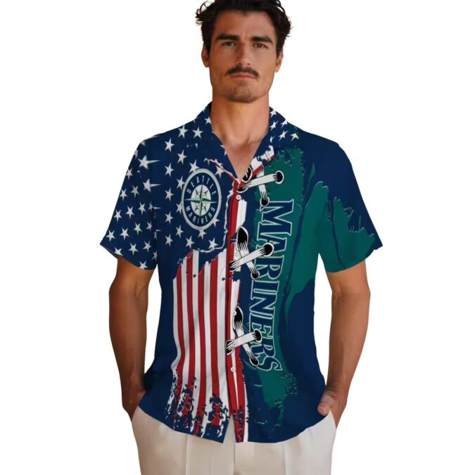 Tropical Seattle Mariners Short Sleeve Shirt - Navy Blue Stitched Flag MLB Hawaiian Shirt for Fans