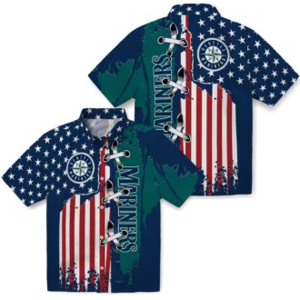 Tropical Seattle Mariners Short Sleeve Shirt - Navy Blue Stitched Flag MLB Hawaiian Shirt for Fans