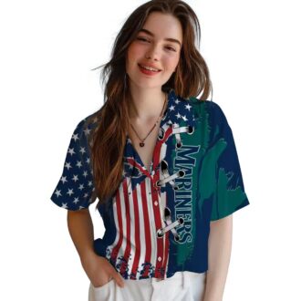 Tropical Seattle Mariners Short Sleeve Shirt - Navy Blue Stitched Flag MLB Hawaiian Shirt for Fans