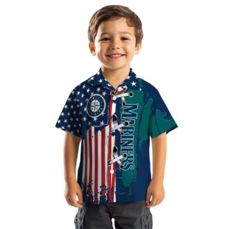 Tropical Seattle Mariners Short Sleeve Shirt - Navy Blue Stitched Flag MLB Hawaiian Shirt for Fans