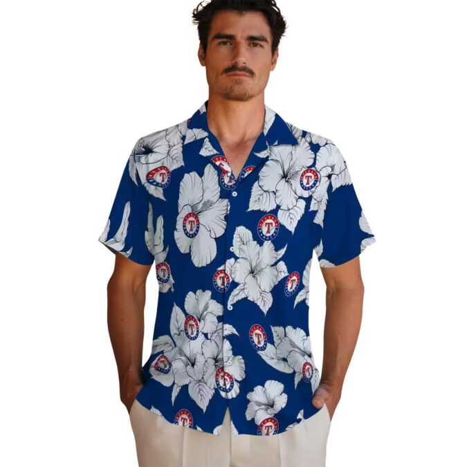 Best Texas Rangers Hawaiian Shirt - Hibiscus Blooms Blue & White Tropical Shirt for MLB Fans