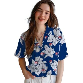 Best Texas Rangers Hawaiian Shirt - Hibiscus Blooms Blue & White Tropical Shirt for MLB Fans
