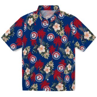 Blue Texas Rangers Button Up Hawaiian Shirt - Palm Tree Flower Aloha Shirt for MLB Fans