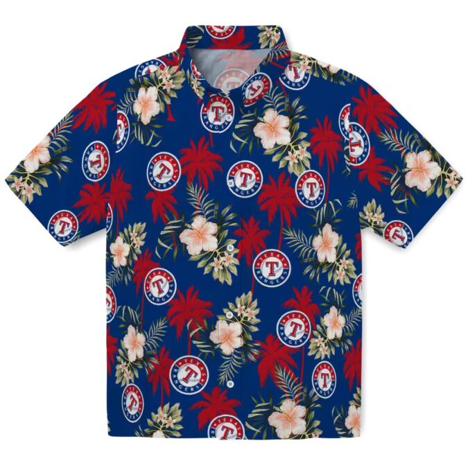 Blue Texas Rangers Button Up Hawaiian Shirt - Palm Tree Flower Aloha Shirt for MLB Fans