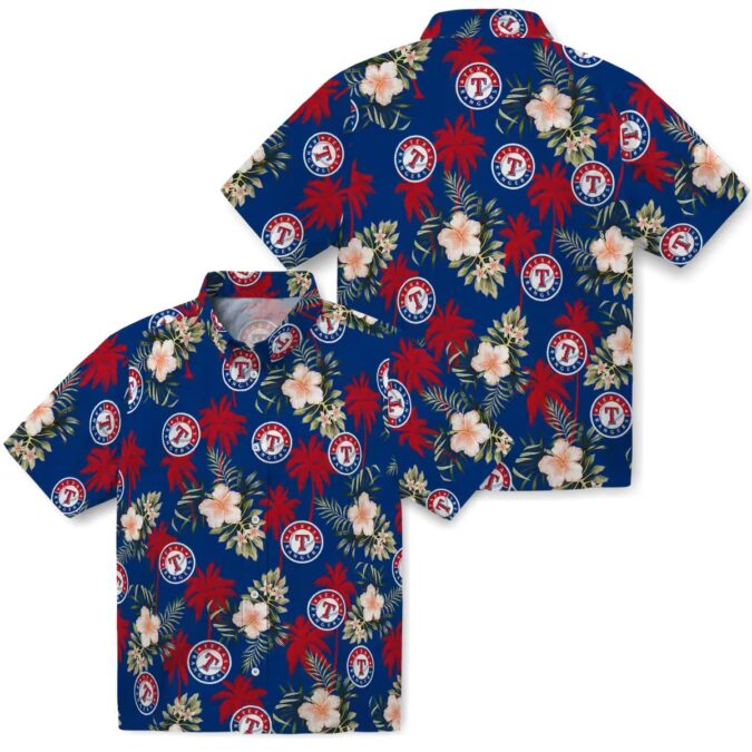 Blue Texas Rangers Button Up Hawaiian Shirt - Palm Tree Flower Aloha Shirt for MLB Fans