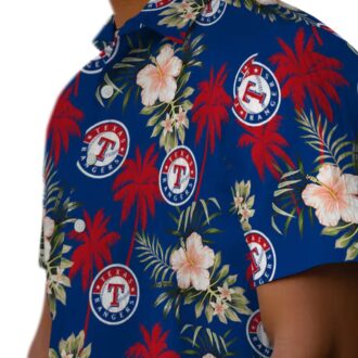 Blue Texas Rangers Button Up Hawaiian Shirt - Palm Tree Flower Aloha Shirt for MLB Fans