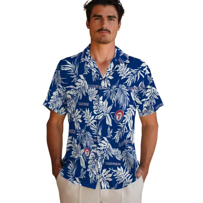Exclusive Texas Rangers Hawaiian Shirt - Blue White Tropical Leaf Print MLB Fan Gear