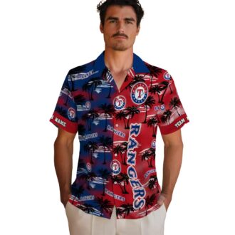 MLB Texas Rangers Palm Silhouettes Blue Aloha Shirt - MLB Tropical Hawaiian Theme for Summer Parties