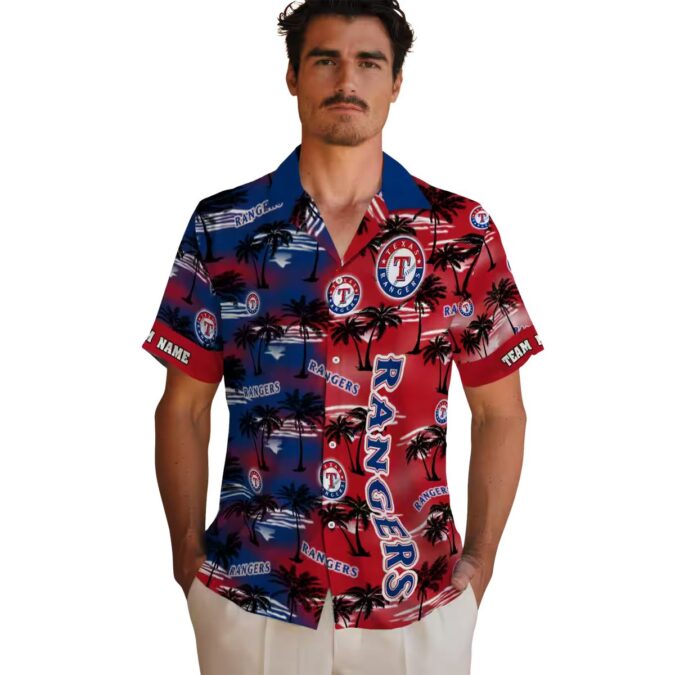 MLB Texas Rangers Palm Silhouettes Blue Aloha Shirt - MLB Tropical Hawaiian Theme for Summer Parties