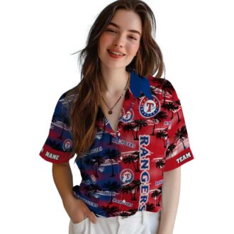 MLB Texas Rangers Palm Silhouettes Blue Aloha Shirt - MLB Tropical Hawaiian Theme for Summer Parties