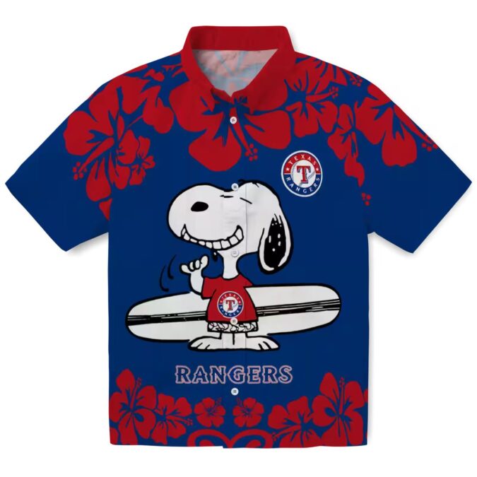 MLB Texas Rangers Snoopy Surf Shirt - Blue & White Tropical Hawaiian Shirt for Men & Women