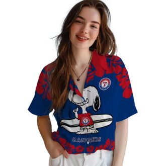 MLB Texas Rangers Snoopy Surf Shirt - Blue & White Tropical Hawaiian Shirt for Men & Women