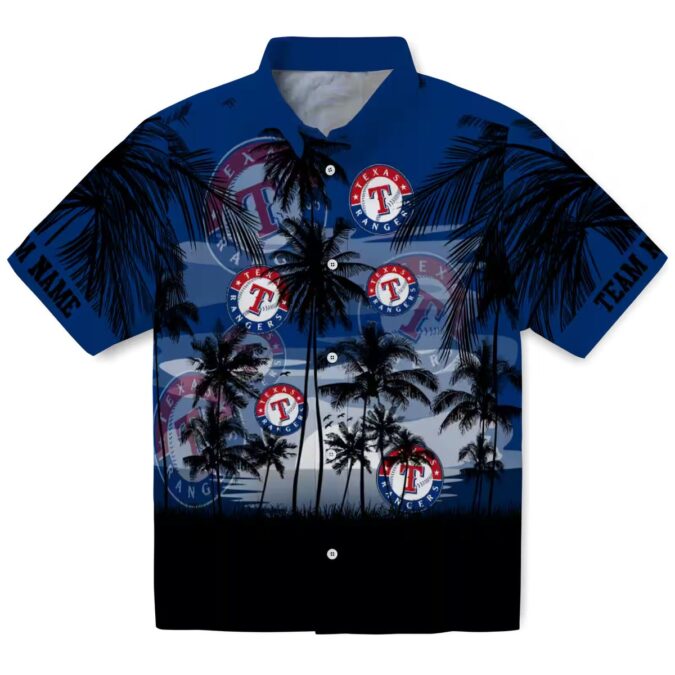 MLB Texas Rangers Sunset Scene Blue Black Button Up Shirt - Baseball Fan Summer Hawaiian Fashion