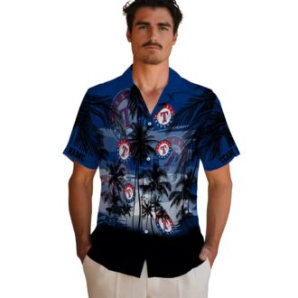 MLB Texas Rangers Sunset Scene Blue Black Button Up Shirt - Baseball Fan Summer Hawaiian Fashion