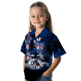 MLB Texas Rangers Sunset Scene Blue Black Button Up Shirt - Baseball Fan Summer Hawaiian Fashion