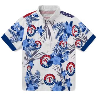 Patriotic Texas Rangers Hawaiian Shirt - Blue White Hibiscus Floral Design, MLB Fan Summer Shirt