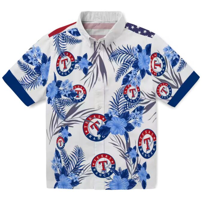 Patriotic Texas Rangers Hawaiian Shirt - Blue White Hibiscus Floral Design, MLB Fan Summer Shirt
