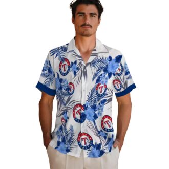 Patriotic Texas Rangers Hawaiian Shirt - Blue White Hibiscus Floral Design, MLB Fan Summer Shirt
