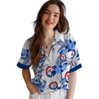 Patriotic Texas Rangers Hawaiian Shirt - Blue White Hibiscus Floral Design, MLB Fan Summer Shirt