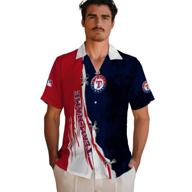 Shop MLB Texas Rangers Hawaiian Shirt - Blue White Edgy Streaks Design for Baseball Fans