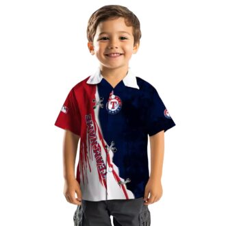 Shop MLB Texas Rangers Hawaiian Shirt - Blue White Edgy Streaks Design for Baseball Fans