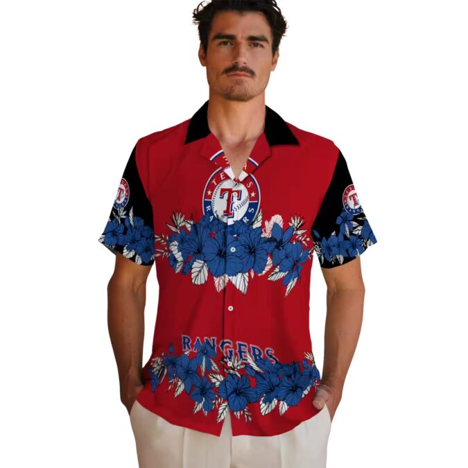 Shop Texas Rangers Hibiscus Stripe Hawaiian Shirt - Blue & Black Tropical MLB Fan Apparel