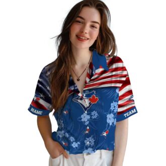 Custom Toronto Blue Jays Hawaiian Shirt with US Flag & Hibiscus - MLB Summer Gift for Fans