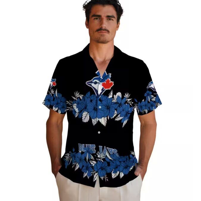 MLB Toronto Blue Jays Hibiscus Stripe Hawaiian Shirt - Blue Black Summer Beach Shirt