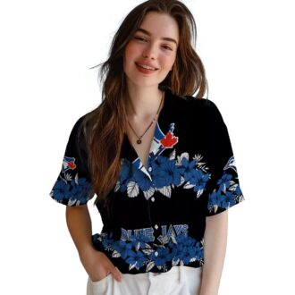 MLB Toronto Blue Jays Hibiscus Stripe Hawaiian Shirt - Blue Black Summer Beach Shirt