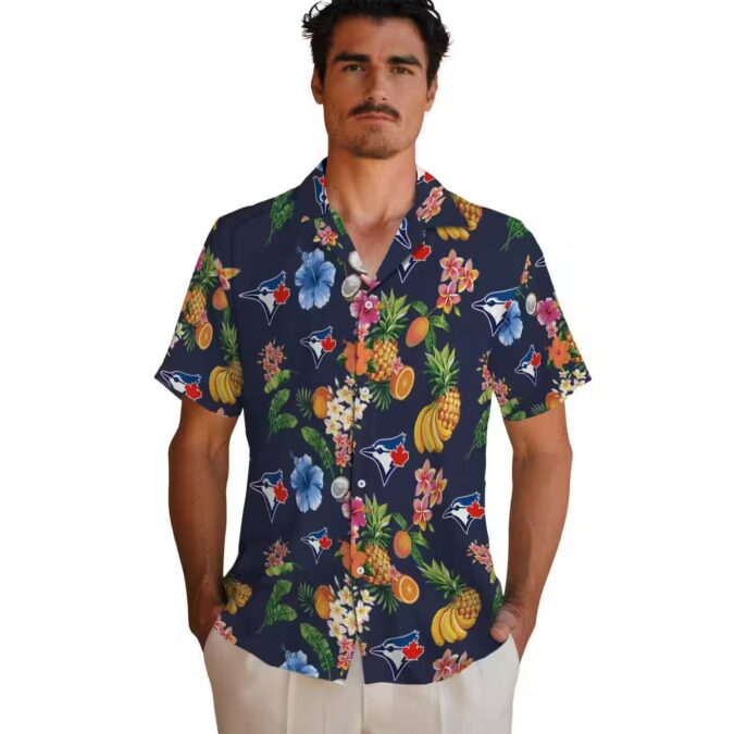 Official Toronto Blue Jays Hibiscus Navy Blue Hawaiian Shirt - Summer Tropical Beach Shirt for Fans